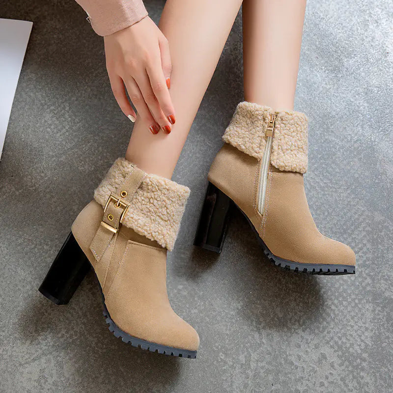 Women's Warm High Heel Snow Boots with Lamb Fur