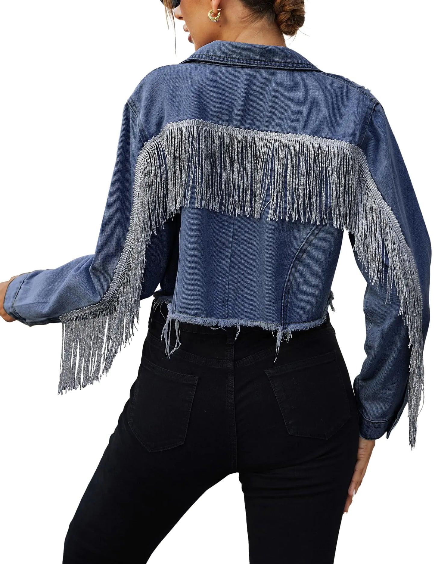 Zeagoo Cotton Fringe Cropped Denim Jacket