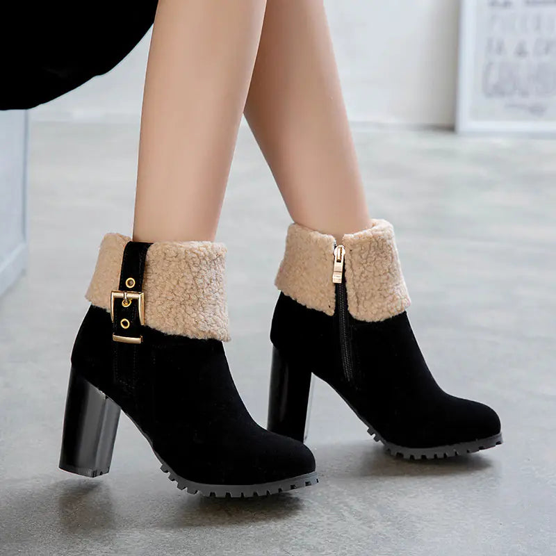 Women's Warm High Heel Snow Boots with Lamb Fur