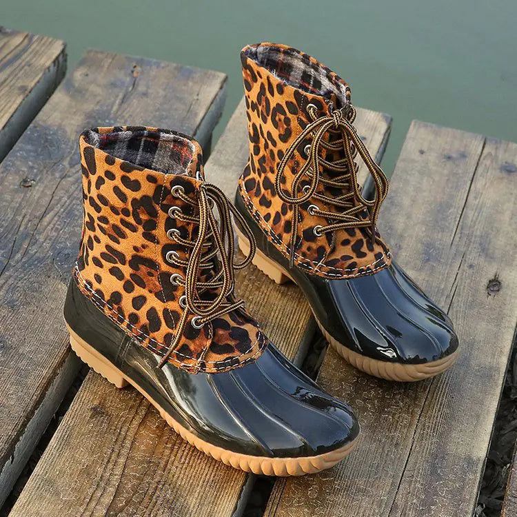 Women’s Waterproof Elastic Band Boots - Leopard Print