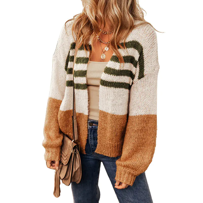 Winter Striped Color Block Cardigan for Women