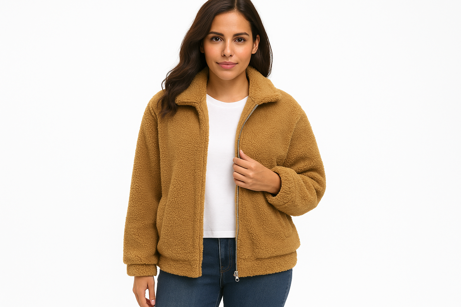 Camel brown teddy fleece bomber jacket with clean background