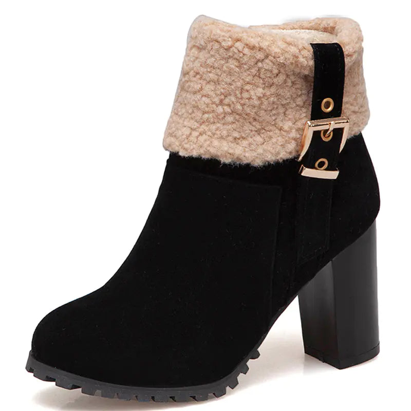 Women's Warm High Heel Snow Boots with Lamb Fur