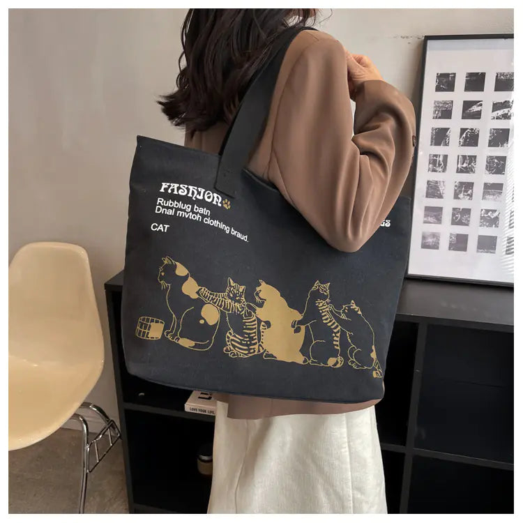 Cute Cartoon Cat Canvas Bag - Large Capacity Shoulder Bag