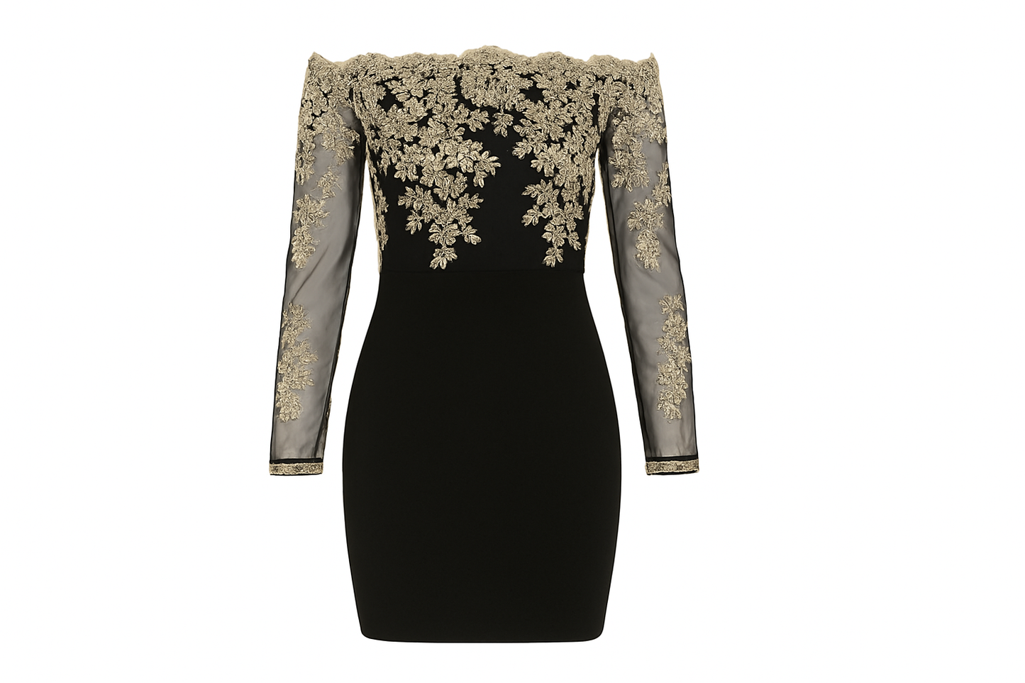 Professional product photo of black dress with gold lace