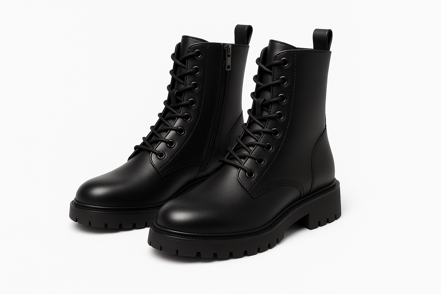 Professional product photo of black leather combat boots