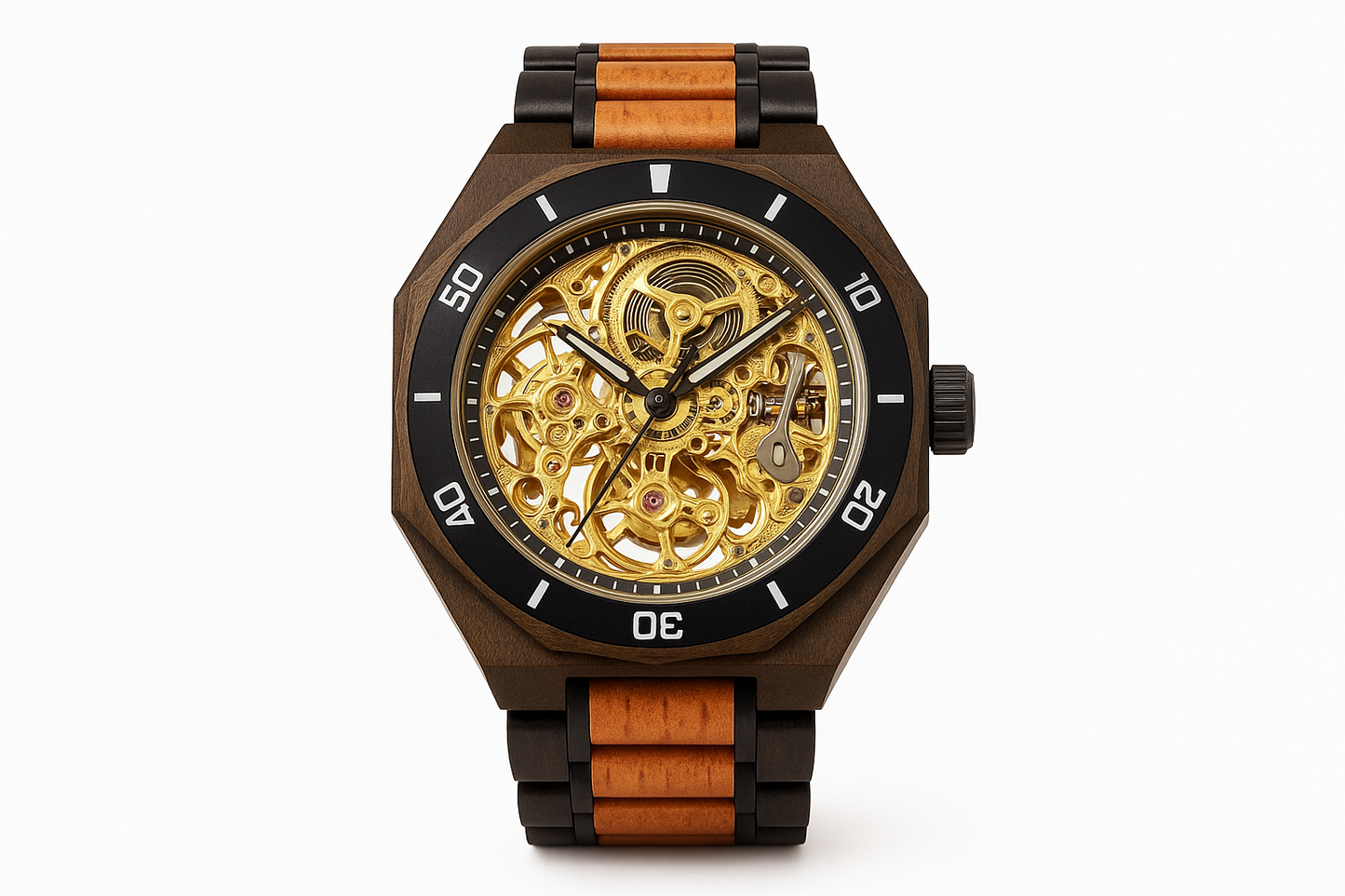 Professional product photo of wooden automatic watch