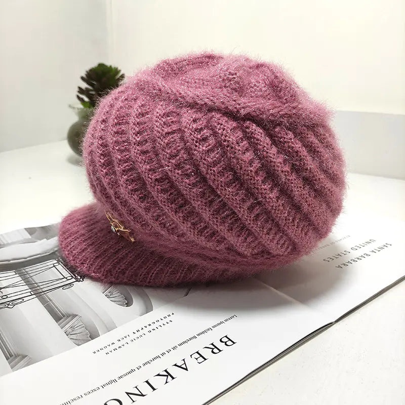 Warm Knitted Wool Winter Cap for Women - Simple Rabbit Hair