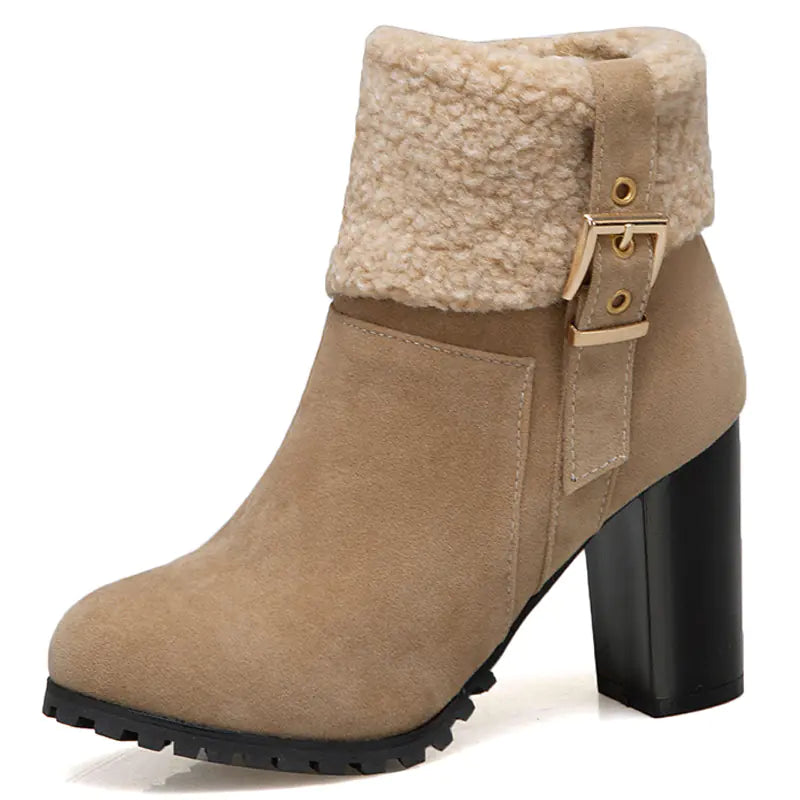 Women's Warm High Heel Snow Boots with Lamb Fur