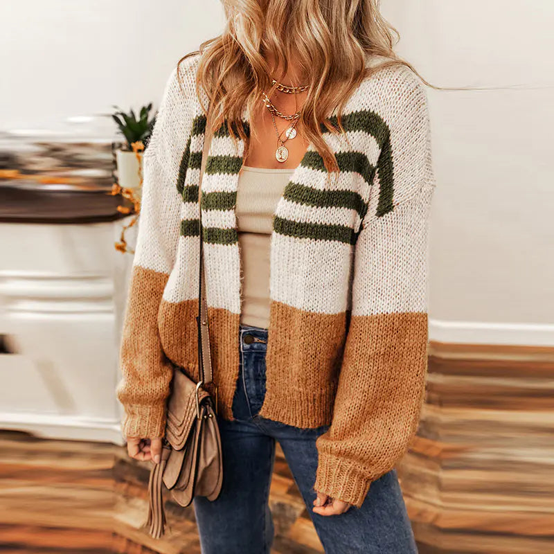 Winter Striped Color Block Cardigan for Women