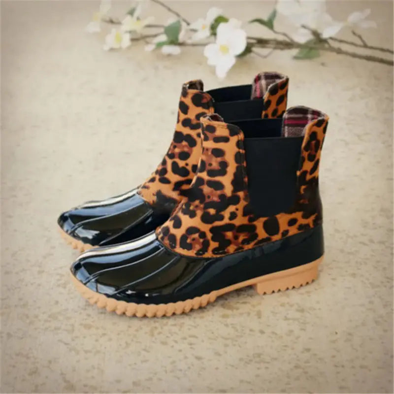 Women’s Waterproof Elastic Band Boots - Leopard Print