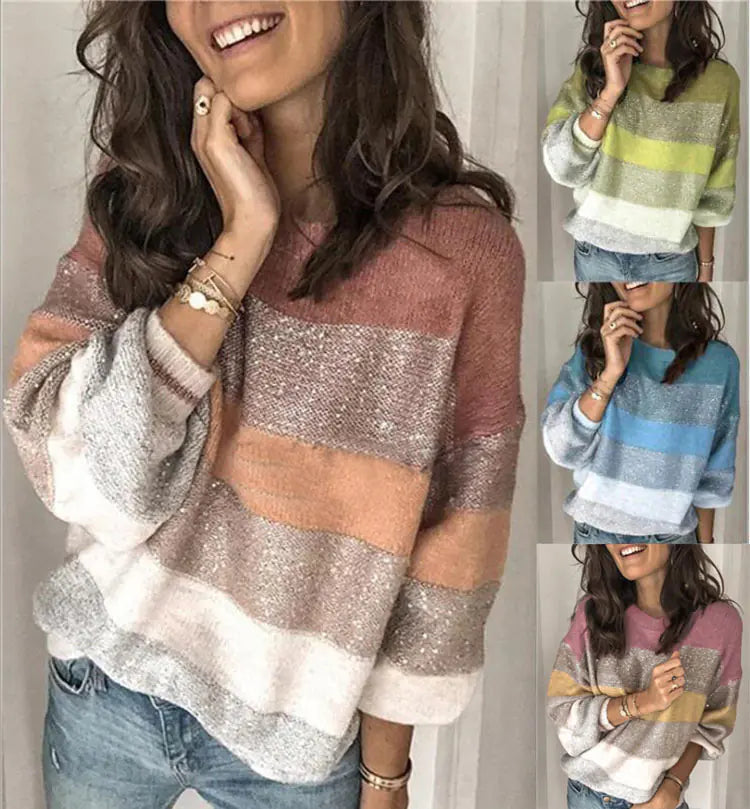 Autumn Winter Striped Knit Sweater for Women