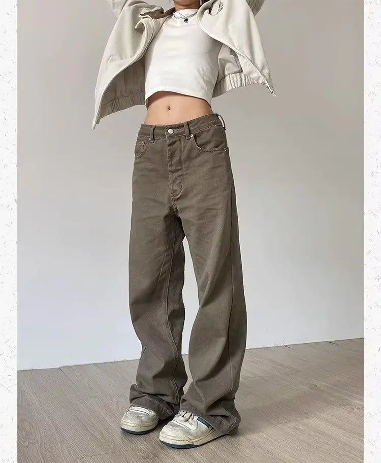 Retro Brown Loose Casual Jeans for Women in Autumn/Winter
