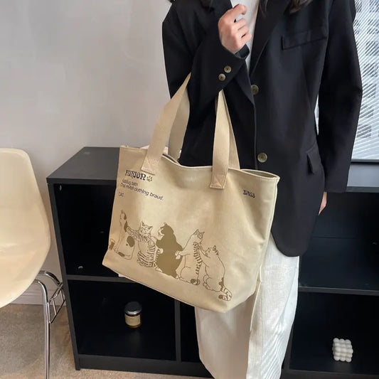 Cute Cartoon Cat Canvas Bag - Large Capacity Shoulder Bag