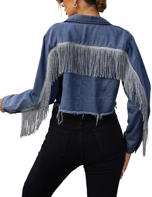 Zeagoo Cotton Fringe Cropped Denim Jacket