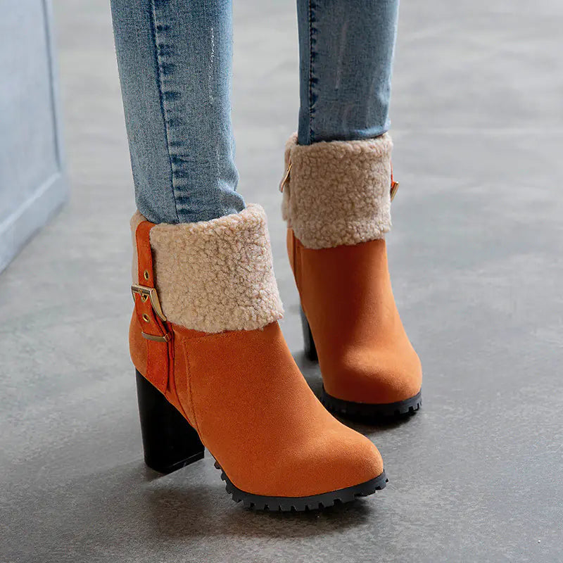 Women's Warm High Heel Snow Boots with Lamb Fur
