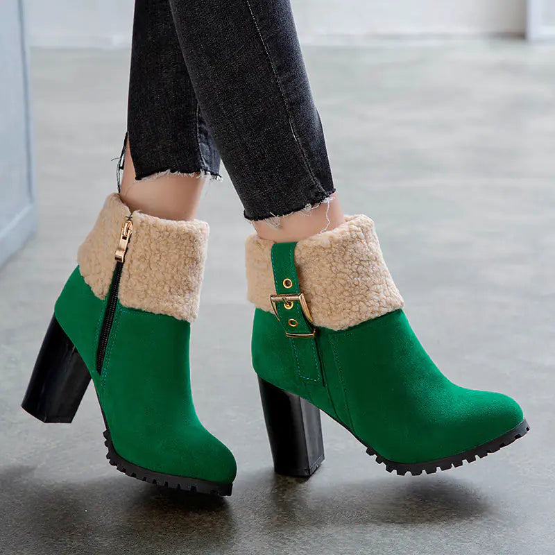 Women's Warm High Heel Snow Boots with Lamb Fur