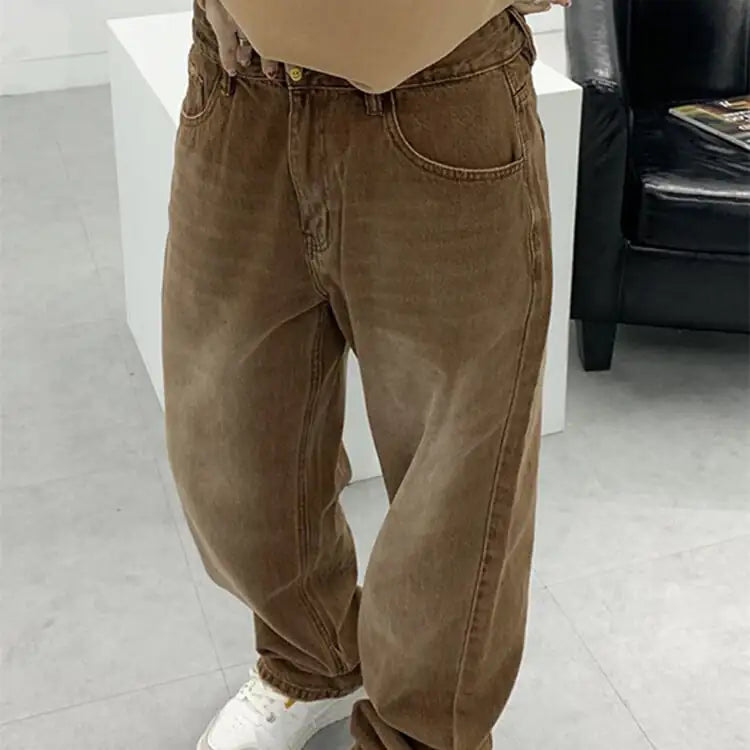 Retro Brown Loose Casual Jeans for Women in Autumn/Winter