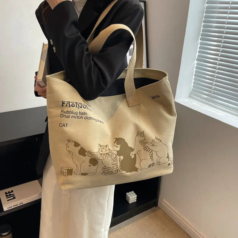 Cute Cartoon Cat Canvas Bag - Large Capacity Shoulder Bag