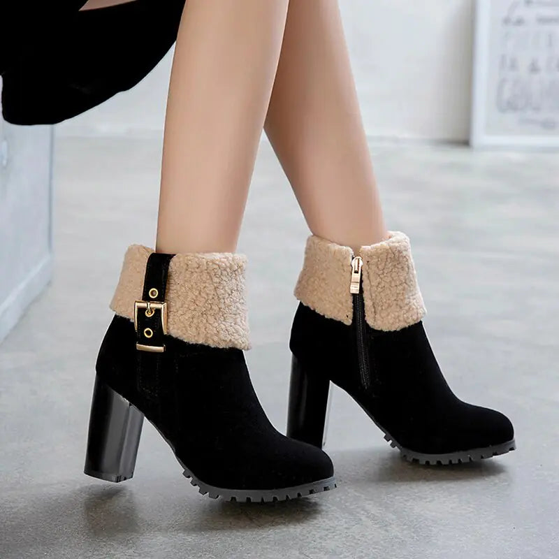 Women's Warm High Heel Snow Boots with Lamb Fur