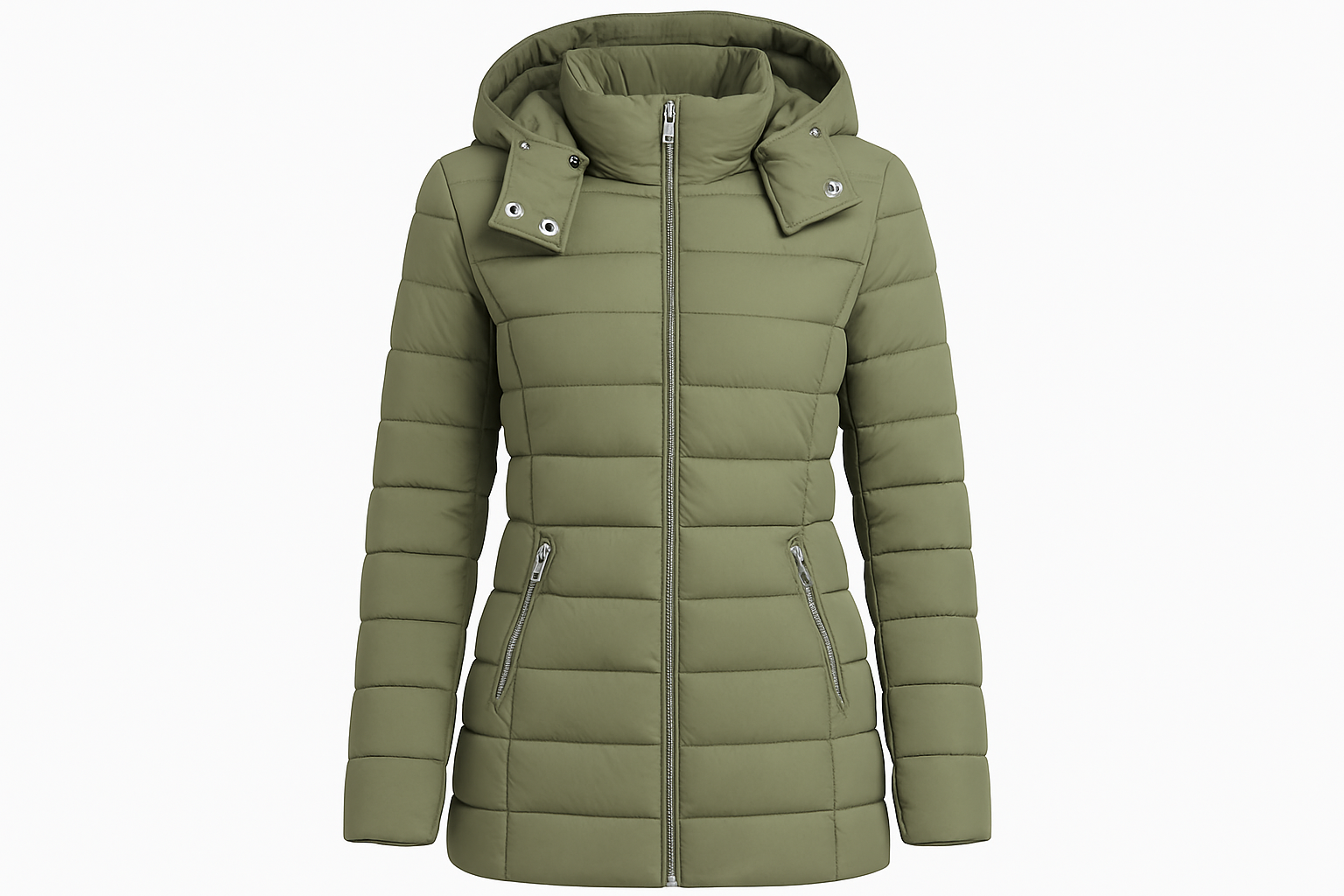Olive green quilted puffer jacket with clean background