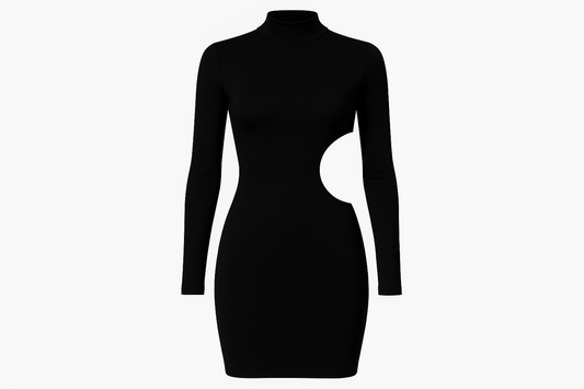 Professional product photo of black bodycon dress with cutout
