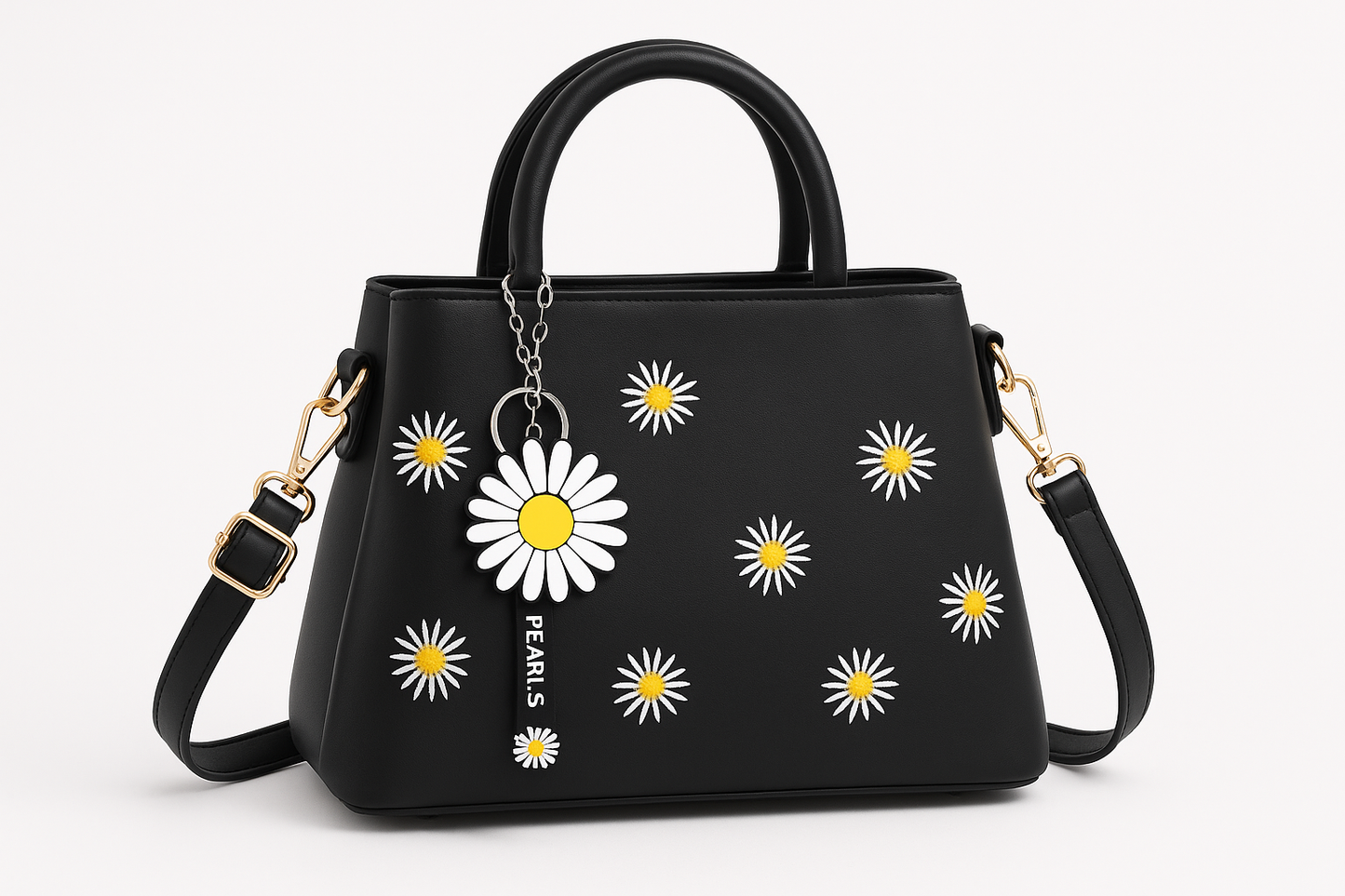 Professional product photo of black daisy handbag