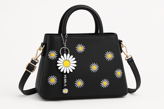 Professional product photo of black daisy handbag