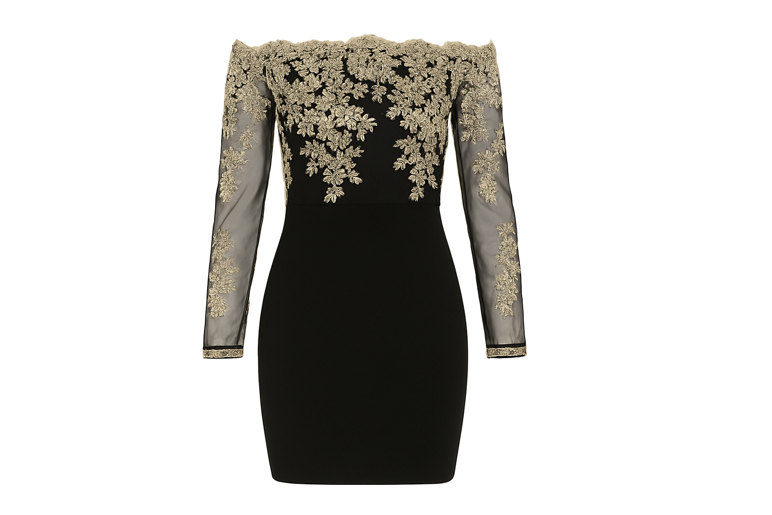 Professional product photo of black dress with gold lace