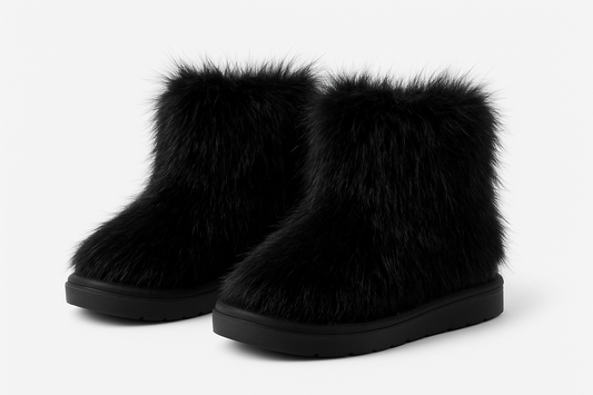 Professional product photo of black fuzzy winter boots