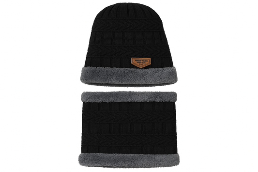 Professional product photo of black knit beanie and scarf set
