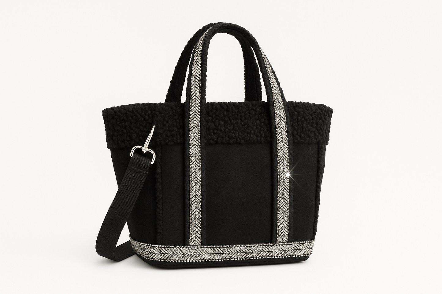 Professional product photo of black tote bag with sequin trim