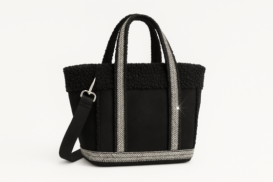 Professional product photo of black tote bag with sequin trim
