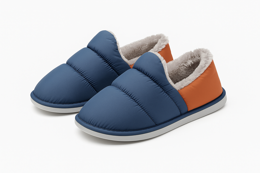 Professional product photo of blue and orange puffer slippers