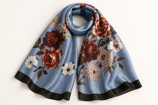 Professional product photo of blue floral scarf