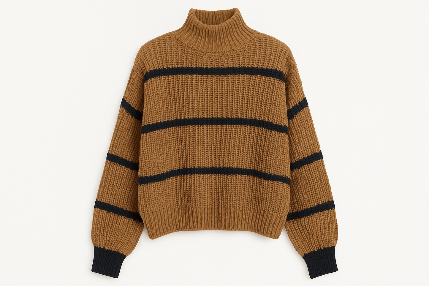 Professional product photo of brown and navy striped turtleneck sweater