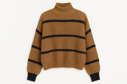 Professional product photo of brown and navy striped turtleneck sweater