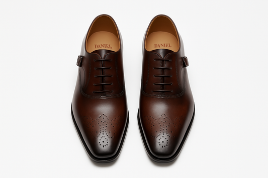 Professional product photo of brown leather oxford dress shoes