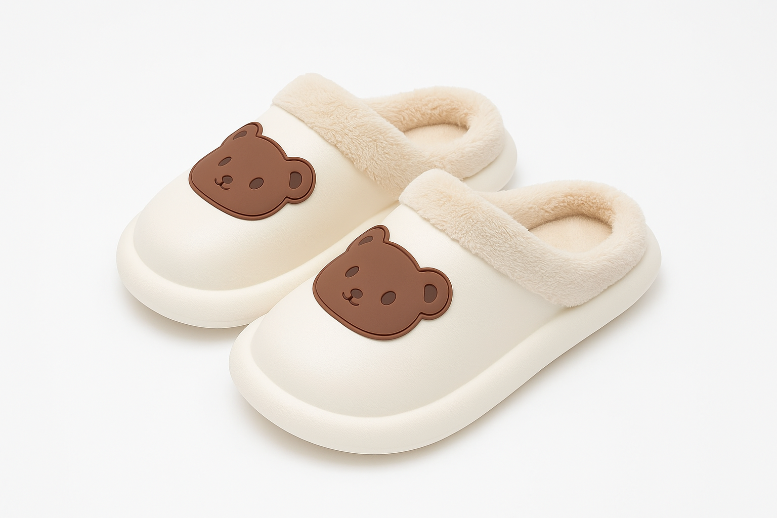 Professional product photo of cream bear slippers