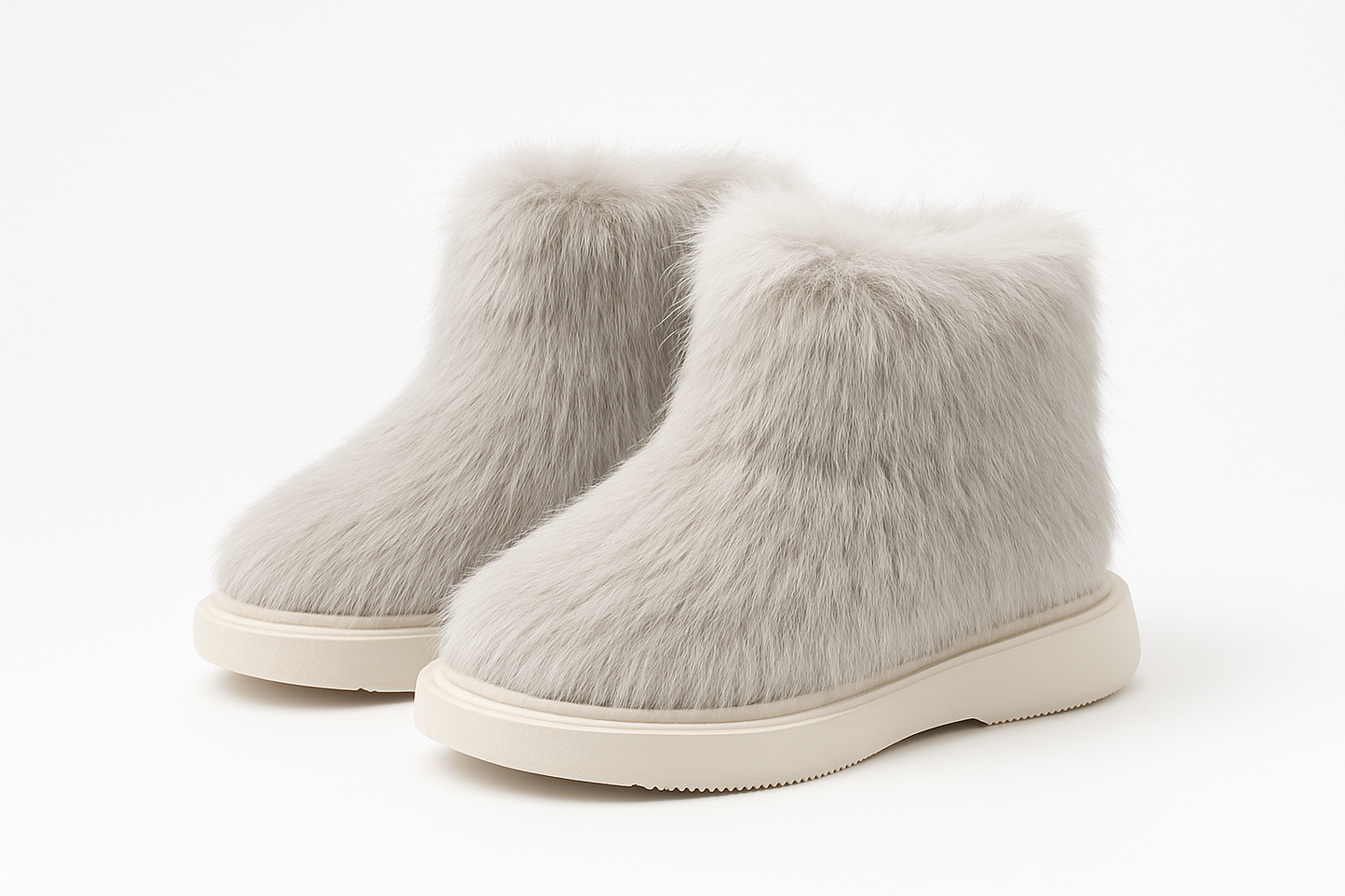 Professional product photo of gray fuzzy winter boots