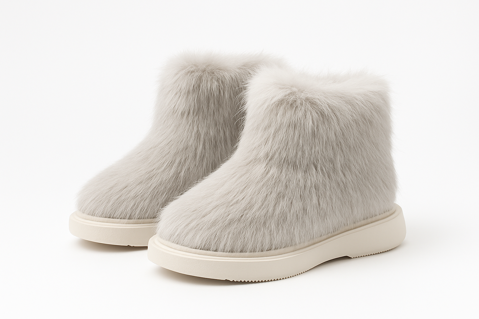 Professional product photo of gray fuzzy winter boots