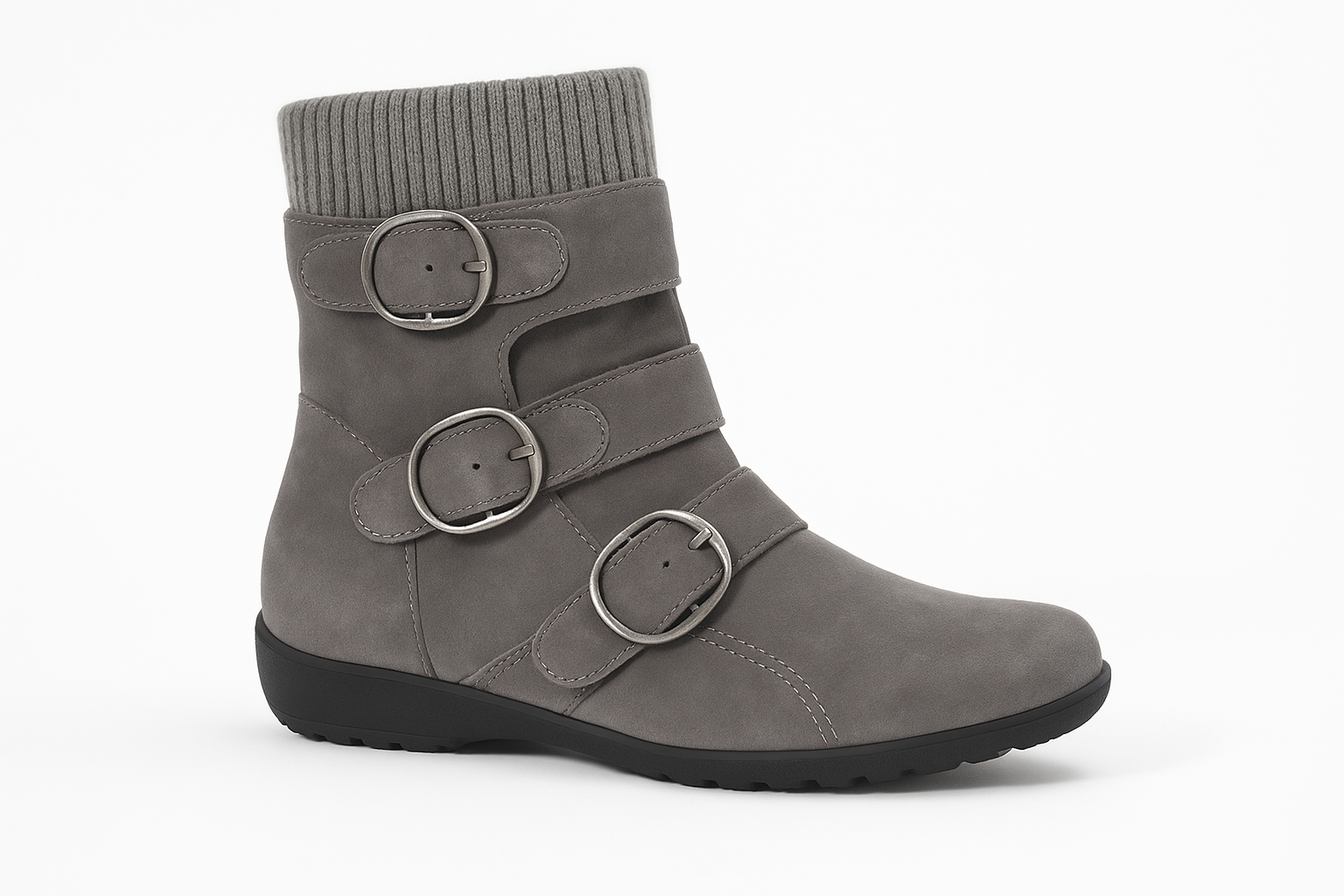 Professional product photo of gray suede boots