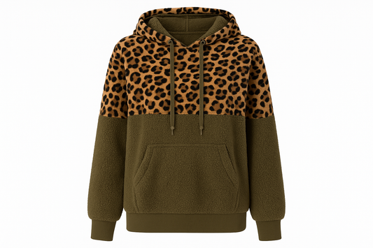 Professional product photo of leopard print and olive green hoodie