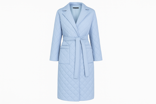 Professional product photo of light blue quilted coat