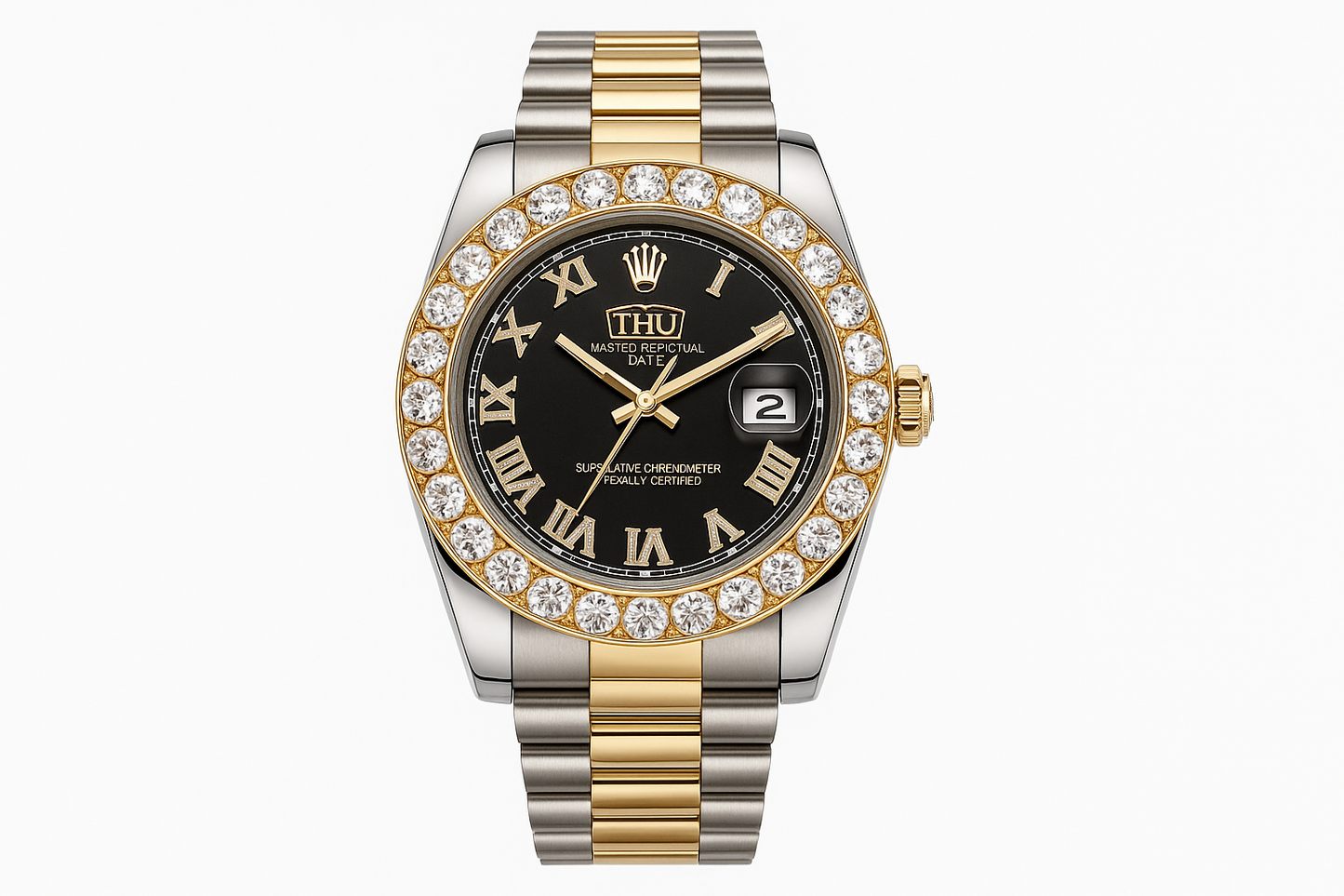 Professional product photo of luxury two-tone watch with diamond bezel