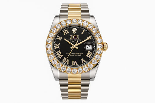 Professional product photo of luxury two-tone watch with diamond bezel
