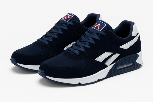 Professional product photo of navy blue athletic sneakers