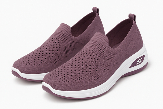 Professional product photo of purple knit slip-on sneakers