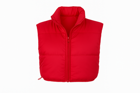 Professional product photo of red puffer vest