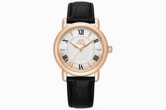 Professional product photo of rose gold watch with floating crystals